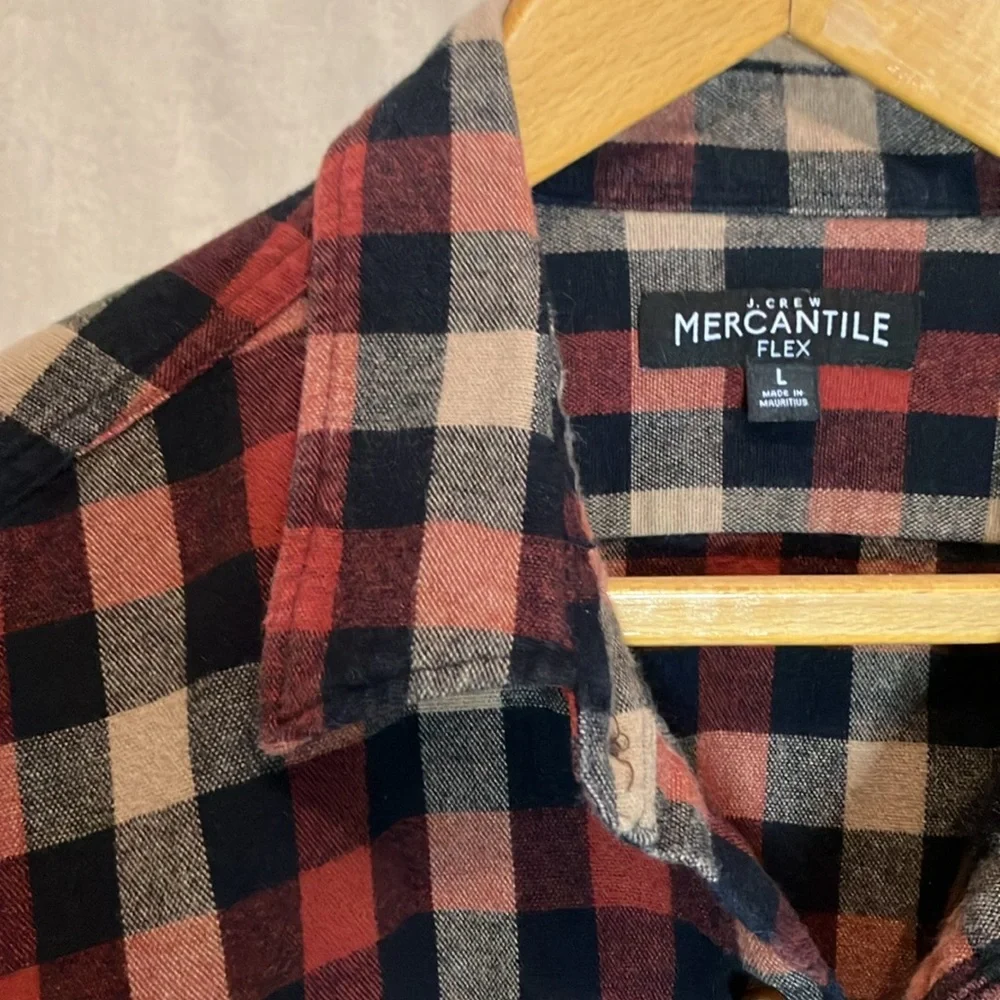 J. Crew Merchantile Flex L Rugged Suede Elbow Patch Plaid Tan Navy Rust Shirt